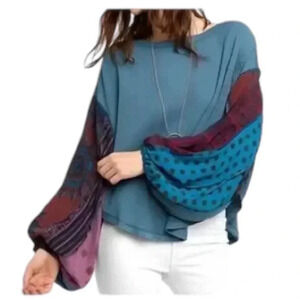 FREE PEOPLE | Boho Waffle Knit Thermal Teal Blossom Oversized Sweater Top Size S